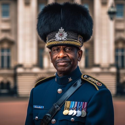 Wide-shot of an King’s guard of buckingham palace, African origin, a tall strong man, friendly smiling, wearing a dark blue bearskin hat and dark blue uniform, [12-40mm 32k uhd f/2.8 Pro Natural light, enchanting lighting Nikon D850 DSLR cinematic composition, wide angle, Magazine quality Photoshoot cinematic composition, Post Processing, ultra-HD image, hyperrealistic details, Pro Photo RGB] --q 1 --v 5.1 --s 1000
