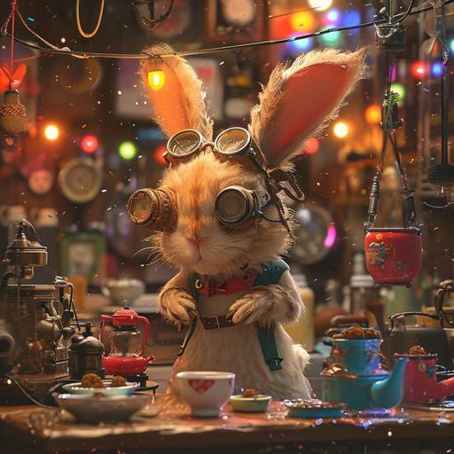 the bunny is hosting a dance party, in the style of punk futurism, charming illustrations, photorealistic paintings, salon kei, highly detailed environments, furry art, miniature illumination . Here is the image of a cute punk wearing a fluffy rabbit headgear, working on an engine. The setting includes various adorable items like teapots, cups, bowls, and room decorations, with a background of bright, twinkling lights. --v 6.0 --c 3 --style raw