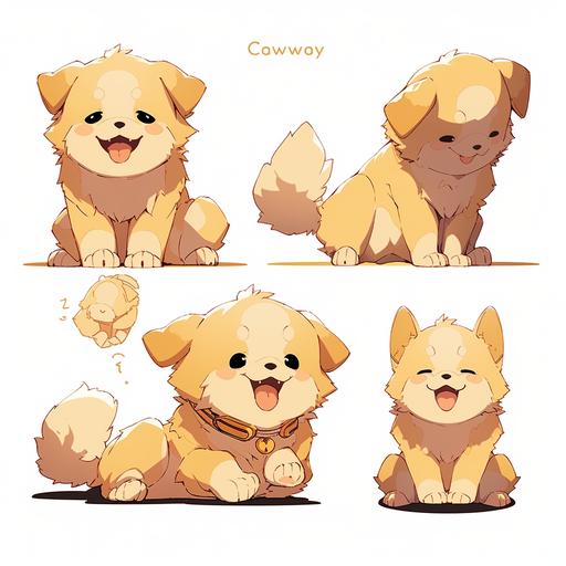 the cartoon character yellow dog sitting down, in the style of light beige and gold, simple line drawings, kawacy, 8k resolution, high quality, thechamba, lively facial expressions --niji 5