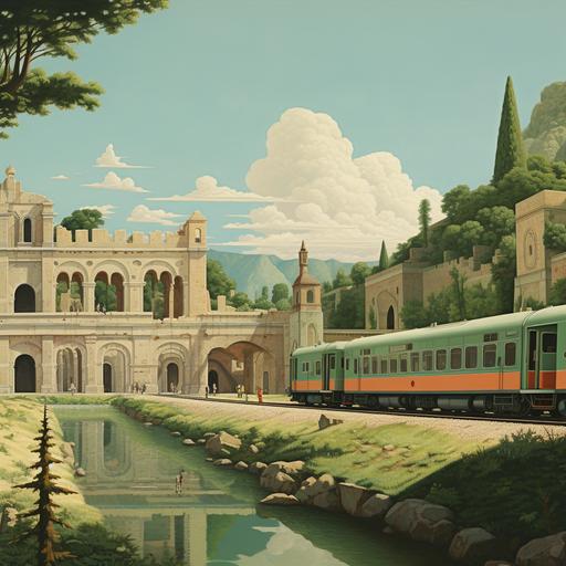 the castle, the courtyard and the train carriage, in the style of bess hamiti, tatsuro kiuchi, slovenian paintings, realistic hyper-detail, domenichino, subtle color palette, ps1 graphics