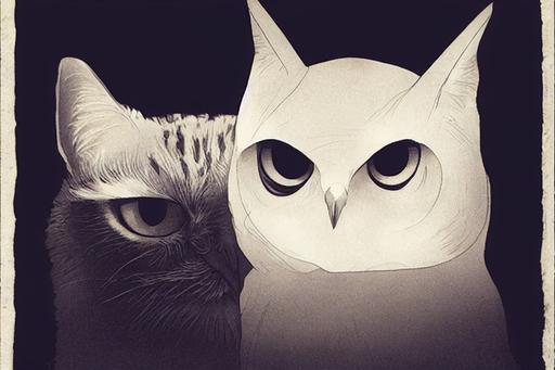 the cat wonders if the owl is also a cat. suspicious. --ar 3:2 --chaos 100 --test