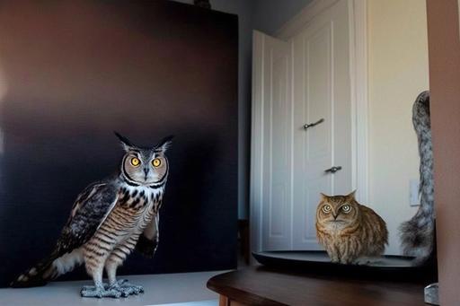 the cat wonders if the owl is also a cat. suspicious. big owl --ar 3:2 --chaos 100 --v 4