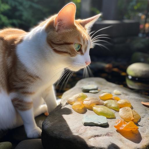 In the center, a beautiful short-haired cat crouches on a small stone slab. It has orange and white fur, erect ears, and focused green eyes staring at the food before it. A fresh fish with shimmering silver and light blue scales lies on the slab. Sunlight filters through surrounding leaves, casting beautiful shadows on the fish. The cat carefully tears off a small piece of fish with its sharp teeth, a satisfied smile on its face. The surrounding environment is a tranquil countryside scene with warm, soft colors. In the distance, golden wheat fields sway in the breeze, harmonizing with the cat's orange fur. The lush green leaves contrast with the fish's silver-white scales, adding depth to the scene. --v 5