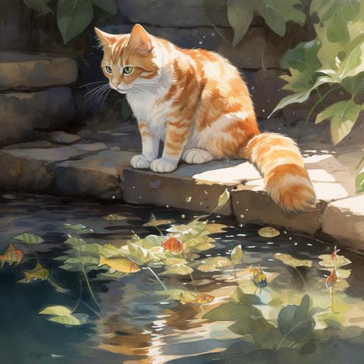In the center, a beautiful short-haired cat crouches on a small stone slab. It has orange and white fur, erect ears, and focused green eyes staring at the food before it. A fresh fish with shimmering silver and light blue scales lies on the slab. Sunlight filters through surrounding leaves, casting beautiful shadows on the fish. The cat carefully tears off a small piece of fish with its sharp teeth, a satisfied smile on its face. The surrounding environment is a tranquil countryside scene with warm, soft colors. In the distance, golden wheat fields sway in the breeze, harmonizing with the cat's orange fur. The lush green leaves contrast with the fish's silver-white scales, adding depth to the scene. --v 5