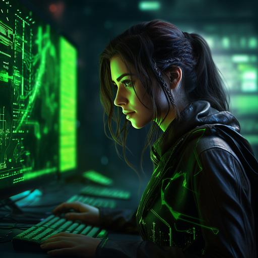 cyberpunk neon green mature brunette woman programmer, side view, chaos