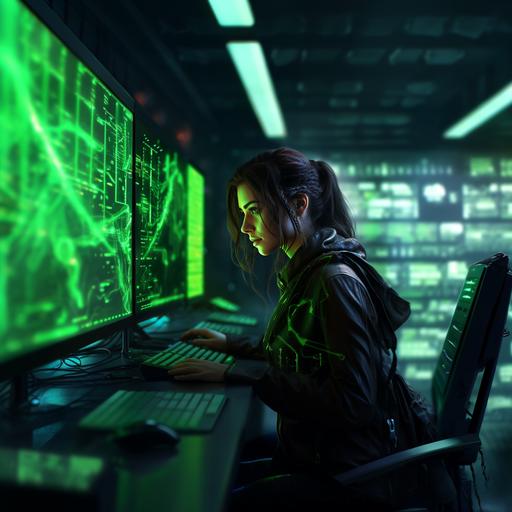 cyberpunk neon green mature brunette woman programmer, side view, chaos