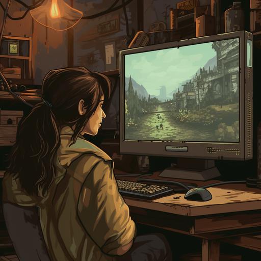graphic style, brown eyes dark brown hair woman with gaming computer looking at computer screen, side view --no pink, anime, sexy