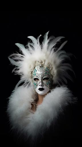 the close-up portrait of a beautiful woman wearing an opulent fashion and a Venice ball mask, complete with ornate carnival feathers, captured in a hyper-realistic photograph by Annie Leibovitz. The mask boasts intricate filigree designs and is adorned with shimmering crystals, feathers, and pearls, perfectly framing her captivating eyes. Soft, atmospheric lighting. Venetian ball. cinematic realism --ar 9:16 --c 35 --v 5 --q 2