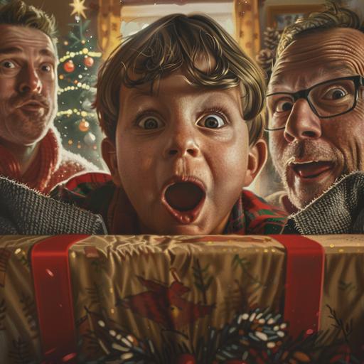 the close up view from inside a Christmas present box as a kid is opening it. The kid’s face is full of excitement. The parents are looking over the shoulders of the kid. The room in the background contains Christmas decorations.