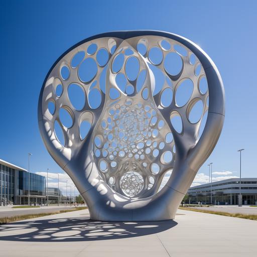 the cnc of calgary is located in front of an airport, next to a metal sculpture, in the style of net art, trapped emotions depicted, , 32k uhd, gossamer fabrics, uhd image, circular shapes magicyberpunk