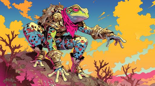 the colorful evil chameleon x frog knight roaming by nightfall and in broad daylight by junji ito --stylize 250 --niji 6 --ar 16:9