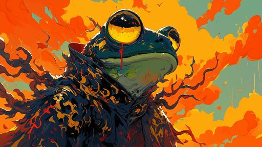 the colorful evil frog knight roaming by nightfall and in broad daylight by junji ito --ar 16:9 --stylize 250 --niji 6