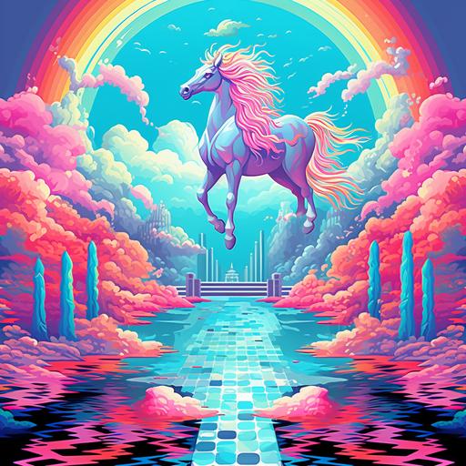 the colors are rich a ancient patterns of another civilization, a pop art unicorn with dreams, the clouds are in strange patterns, the ground is an infinite crapet of zig zag phsychadelic ugly sweater patterns. The fountain of pink and blue. Exciting and vivid and different, and beautiful. three color pallete. Richness of beauty.