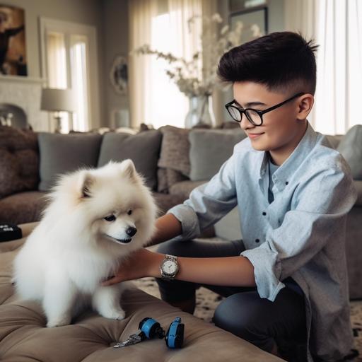 the coolest therapist in the world with a white remote control drone and white Pomeranian dog helping a 10 year old boy --v 5 --s 750