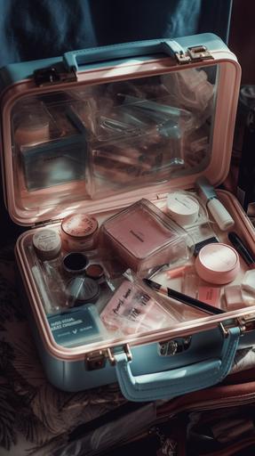 the cosmetics inside a pink makeup suitcase, in the style of layered translucency, pop inspo, anja millen, dark beige and light azure, the snapshot aesthetic, transparent/translucent medium, janice sung --ar 76:135 --q 2 --upbeta --s 750 --v 5