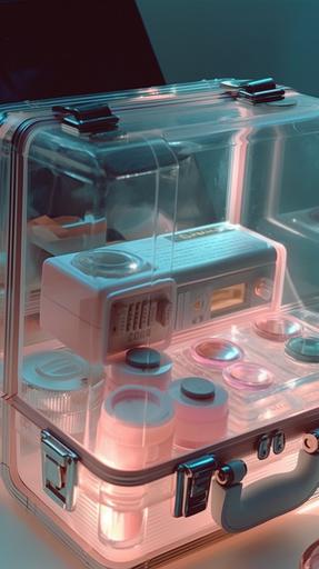 the cosmetics inside a pink makeup suitcase, in the style of layered translucency, pop inspo, anja millen, dark beige and light azure, the snapshot aesthetic, transparent/translucent medium, janice sung --ar 76:135 --q 2 --upbeta --s 750 --v 5