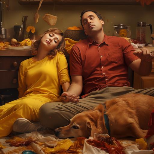 the couples clothing is thanksgiving colors. the couple is sleeping. a male and female middle aged mom and dad wearing their kitchen aprons, passed out on the couch with their yellow golden retreiver after stuffing themselvs with thanksgiving diner. Stuffing and gravy are spilled evrywhere as bits of turky lay around the room.