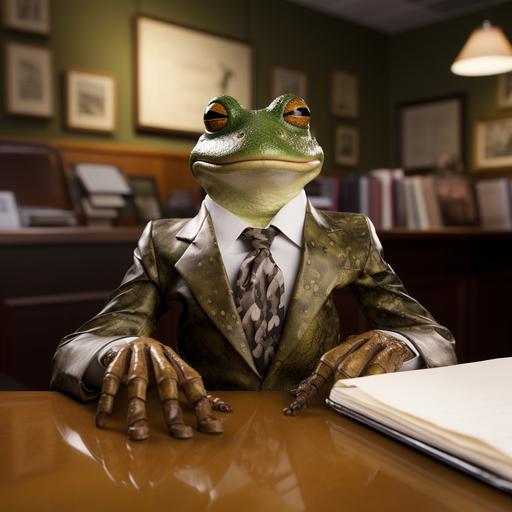 the courtroom is in disbelief as they find out that they defense attorney is a 6 foot tree frog in an expensive suit