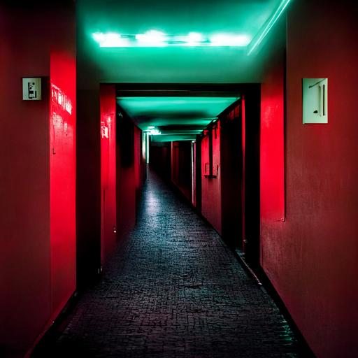 the dark hallway of an apartment complex that's lost power, illuminated only by a glowing red exit sign