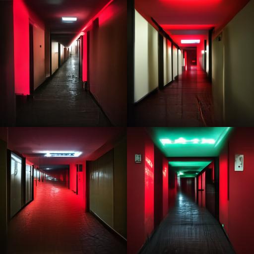 the dark hallway of an apartment complex that's lost power, illuminated only by a glowing red exit sign
