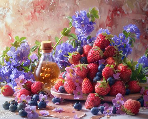 the dessert recipe has strawberries, blueberries, and honey on dendrobium display, in the style of faith-inspired art, feminine sticker art, french countryside, whimsical animation, #vfxfriday, dau-al-set, frottage --stylize 250 --v 6.0 --ar 5:4