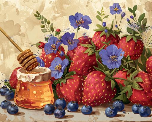 the dessert recipe has strawberries, blueberries, and honey on dendrobium display, in the style of faith-inspired art, feminine sticker art, french countryside, whimsical animation, #vfxfriday, dau-al-set, frottage --stylize 250 --v 6.0 --ar 5:4