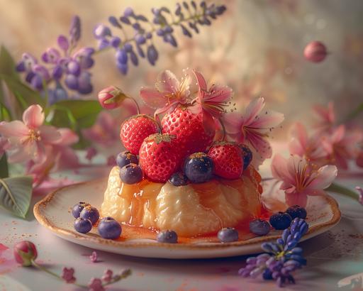 the dessert recipe has strawberries, blueberries, and honey on dendrobium display, in the style of faith-inspired art, feminine sticker art, french countryside, whimsical animation, #vfxfriday, dau-al-set, frottage --stylize 250 --v 6.0 --ar 5:4