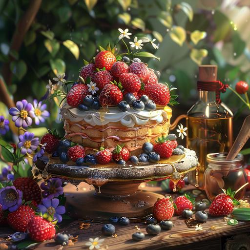 the dessert recipe has strawberries, blueberries, and honey on dendrobium display, in the style of faith-inspired art, feminine sticker art, french countryside, whimsical animation, #vfxfriday, dau-al-set, frottage --stylize 250 --v 6.0