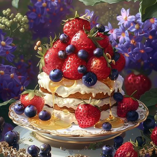 the dessert recipe has strawberries, blueberries, and honey on dendrobium display, in the style of faith-inspired art, feminine sticker art, french countryside, whimsical animation, #vfxfriday, dau-al-set, frottage --stylize 250 --v 6.0