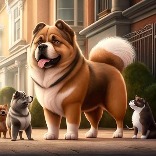 the dog meets several other dogs on the street, each one different from the other, a dalmatian, a husky, a mongrel, a german shepherd, a bulldog, a pitbull, semi realistic cartoon