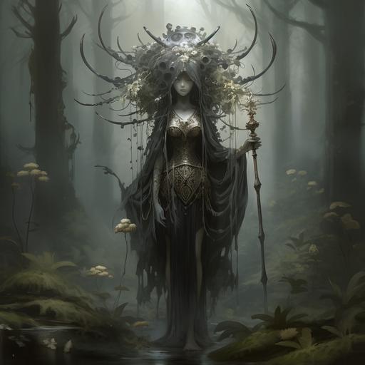 the drosera god is standing in the forest with flowers and sticks in his hand, in the style of brian despain, dark white and silver, anime-inspired characters, dark reflections, druidcore, subtle tonal values, mushroomcore