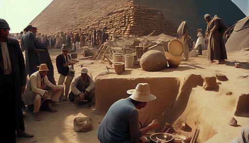 the egyptologists discover while digging excavations in front of the pyramids of gizeh a UFO protruding from the sand, a crowd of Egyptian workers to remove the sand with shovels and pickaxes, base camp, remains of a temple, hyper realistic photography, ultra detailed, very precise, 16mm lens, cinematic, shot on Arri film camera, 32k --ar 16:9 --q 2 --v 4 --s 250 --upbeta