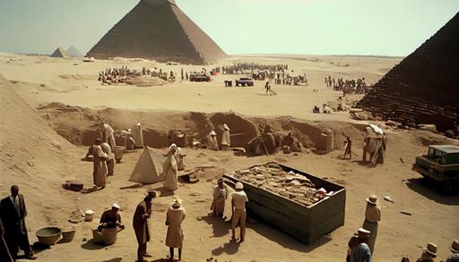 the egyptologists discover while digging excavations in front of the pyramids of gizeh a UFO protruding from the sand, a crowd of Egyptian workers to remove the sand with shovels and pickaxes, base camp, remains of a temple, hyper realistic photography, ultra detailed, very precise, 16mm lens, cinematic, shot on Arri film camera, 32k --ar 16:9 --q 2 --v 4 --s 250 --upbeta