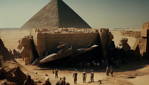 the egyptologists discover while digging excavations in front of the pyramids of gizeh a giant metalic UFO space ship protruding from the sand, a crowd of Egyptian workers to remove the sand with shovels and pickaxes, base camp, remains of a temple, hyper realistic photography, ultra detailed, very precise, 16mm lens, cinematic, shot on Arri film camera, 32k --ar 16:9 --q 2 --v 4 --s 250 --upbeta