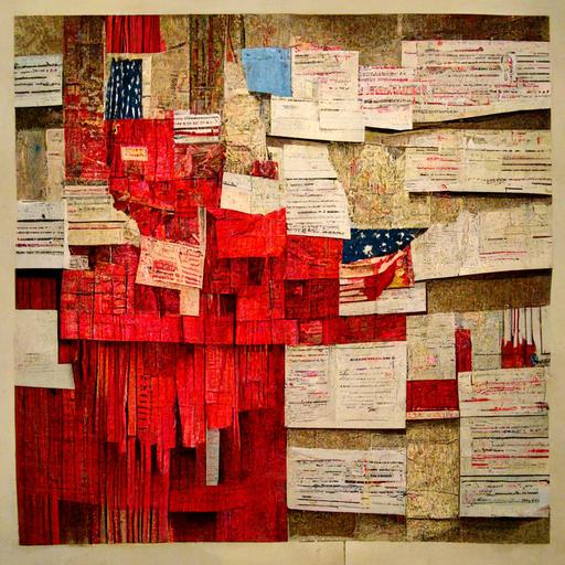 the electoral college posted out on a wall as an enormous collage with red threads, strings, post it notes, 3x5 cards, mystery wall collage