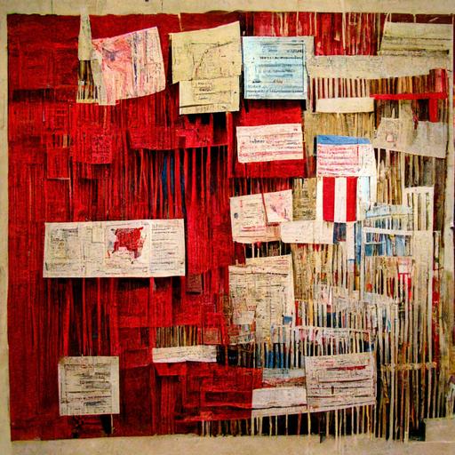 the electoral college posted out on a wall as an enormous collage with red threads, strings, post it notes, 3x5 cards, mystery wall collage