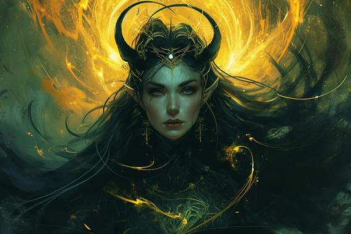 the elf queen by vlad__, in the style of layered gestures, god rays, dark gold and black, atmospheric color washes, john larriva, spiritualcore, religious themes, Heliocentric --ar 128:85 --v 6.0