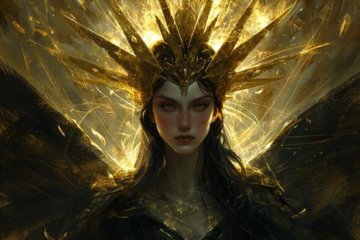 the elf queen by vlad__, in the style of layered gestures, god rays, dark gold and black, atmospheric color washes, john larriva, spiritualcore, religious themes, Heliocentric --ar 128:85 --v 6.0