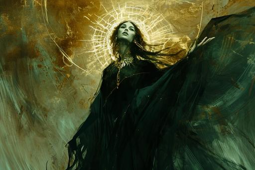 the elf queen by vlad__, in the style of layered gestures, god rays, dark gold and black, atmospheric color washes, john larriva, spiritualcore, religious themes, Heliocentric --ar 128:85 --v 6.0