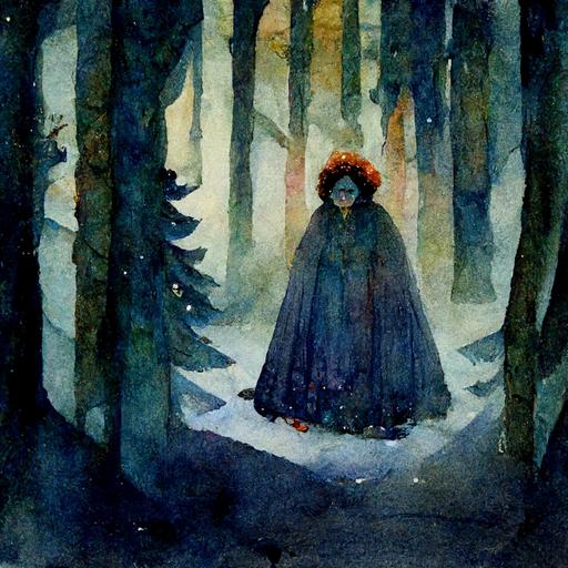 the evil and insidious stepmother who sent her stepdaughter to the forest for certain death, winter, fairy tale, watercolor