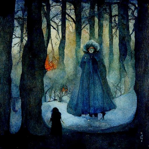 the evil and insidious stepmother who sent her stepdaughter to the forest for certain death, winter, fairy tale, watercolor