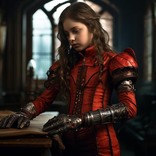 the extended arm of a young girl's red steam punk suit, with leather gloves, reaching out across a table for something.