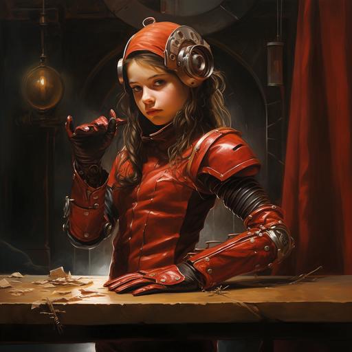 the extended arm of a young girl's red steam punk suit, with leather gloves, reaching out across a table for something.