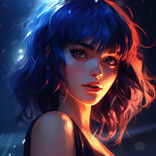 the face of woman in blue lighting, cartoon/anime, with blue hair and bangs