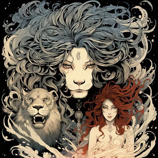 the fantasy character of a beast, the lion with a face of woman, hybrid of lion and girl, mutant, with huge lion mane, with clawed paws, runic tattoos on chest and shoulders, black and white linear illustratinon, hokusai drawing style