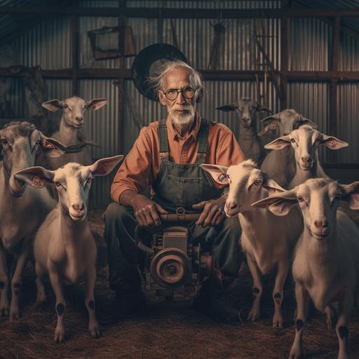 the farm of deformed goats. multiple heads goat. many feet goats. hyperalistic photography. the farmer is an old fat guy with a pirate eye holding a laser robot rabit.