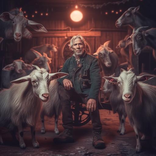 the farm of deformed goats. multiple heads goat. many feet goats. hyperalistic photography. the farmer is an old fat guy with a pirate eye holding a laser robot rabit.