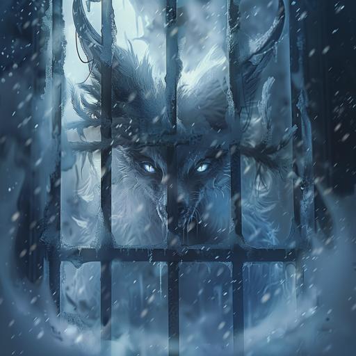 the female child of the goddess of snow and darkness and the god of frost giants in the form of an enormous horned humanoid arctic fox raging, just barely visible behind a blizzard, trapped in a frozen ancient prison cell, retro fantasy anime art style --v 6.0