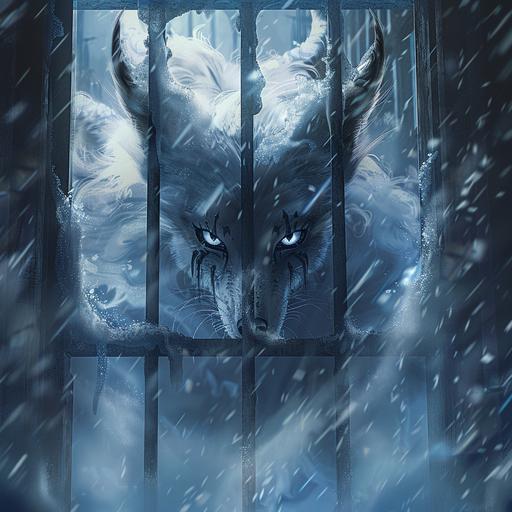 the female child of the goddess of snow and darkness and the god of frost giants in the form of an enormous horned humanoid arctic fox raging, just barely visible behind a blizzard, trapped in a frozen ancient prison cell, retro fantasy anime art style