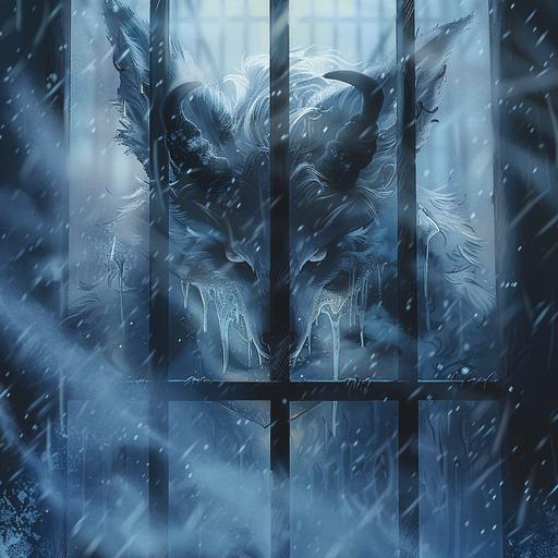 the female child of the goddess of snow and darkness and the god of frost giants in the form of an enormous horned humanoid arctic fox raging, just barely visible behind a blizzard, trapped in a frozen ancient prison cell, retro fantasy anime art style